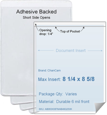 ChanCam vinyl sleeve, open short side, adhesive back, insert size: 8 1/4 x 8 5/8, product size: 8 1/2 x 8 7/8, package quantity 100, 4 mil adhesive back / 6 mil clear vinyl front