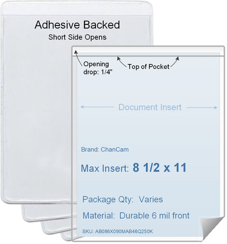 ChanCam vinyl sleeve, open short side, adhesive back, insert size: 8 1/2 x 11, product size: 8 3/4 x 11 1/4, package quantity 100, 4 mil adhesive back / 6 mil clear vinyl front