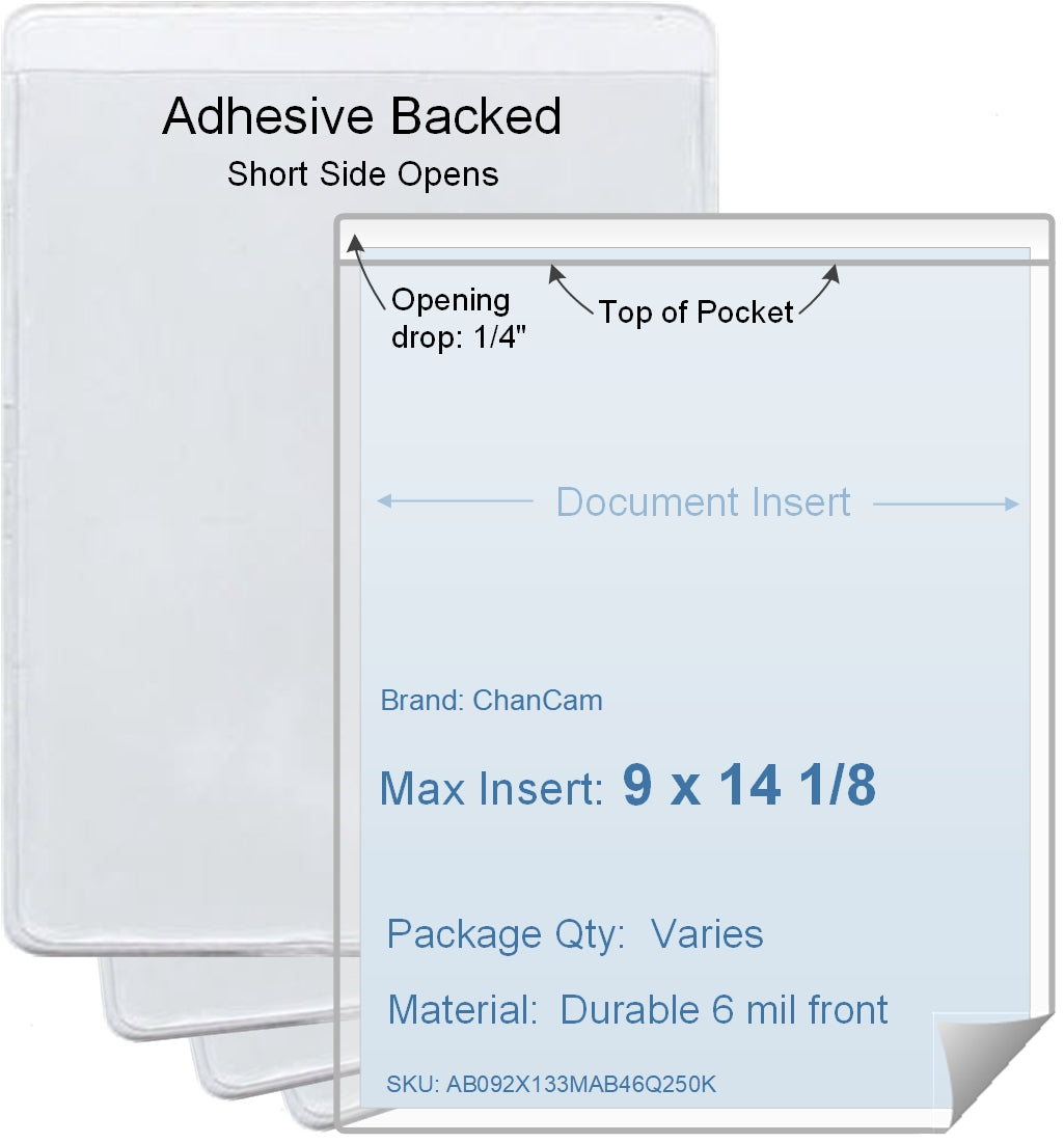 ChanCam vinyl sleeve, open short side, adhesive back, insert size: 9 x 14 1/8, product size: 9 1/4 x 14 3/8, package quantity 100, 4 mil adhesive back / 6 mil clear vinyl front