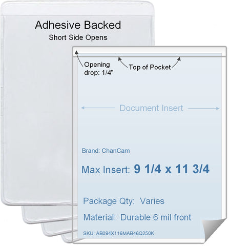 ChanCam vinyl sleeve, open short side, adhesive back, insert size: 9 1/4 x 11 3/4, product size: 9 1/2 x 12, package quantity 100, 4 mil adhesive back / 6 mil clear vinyl front