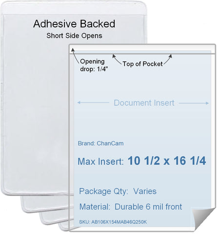 ChanCam vinyl sleeve, open short side, adhesive back, insert size: 10 1/2 x 16 1/4, product size: 10 3/4 x 16 1/2, package quantity 100, 4 mil adhesive back / 6 mil clear vinyl front