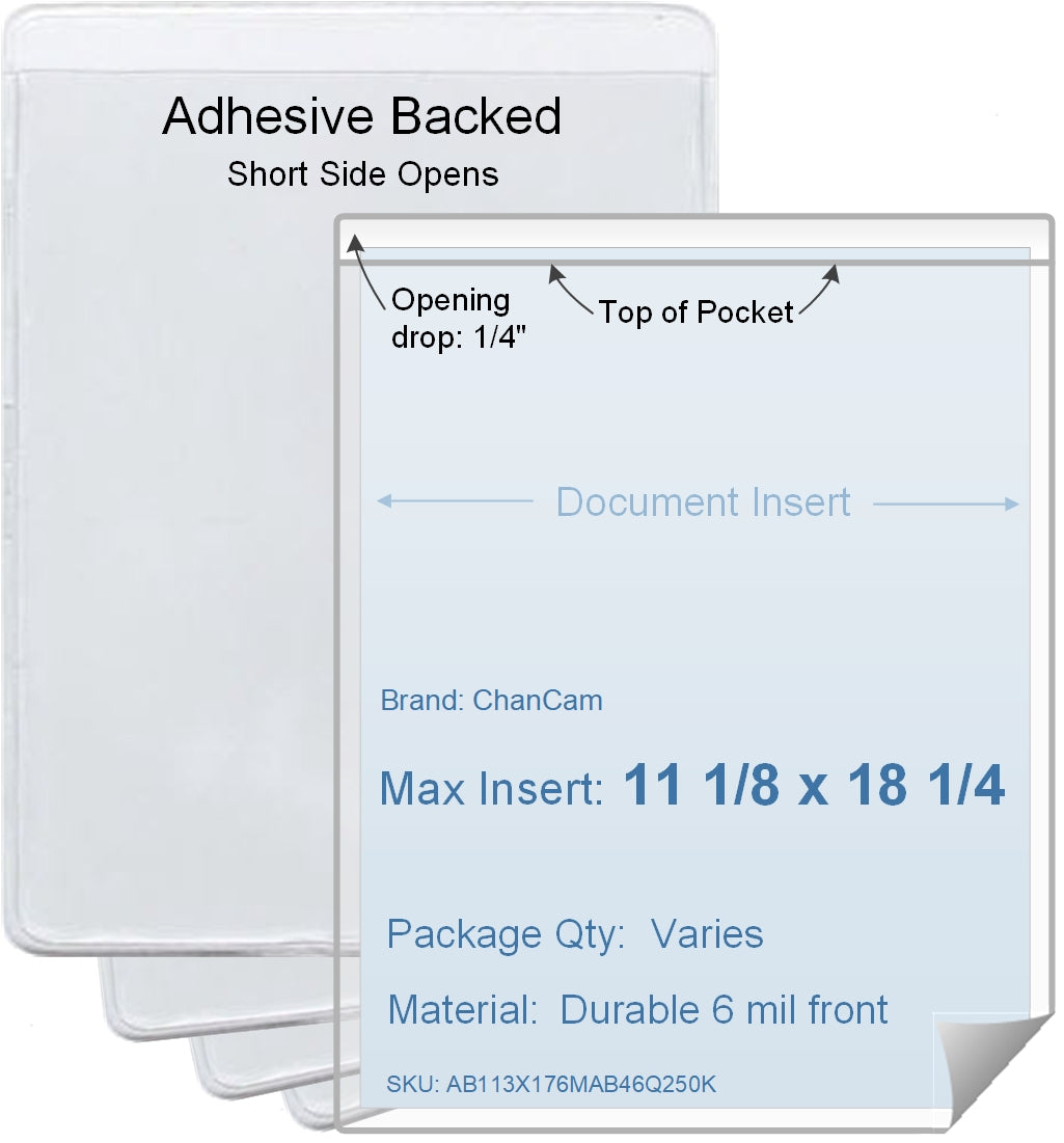 ChanCam vinyl sleeve, open short side, adhesive back, insert size: 11 1/8 x 18 1/4, product size: 11 3/8 x 18 1/2, package quantity 100, 4 mil adhesive back / 6 mil clear vinyl front