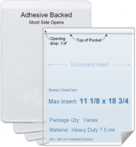 ChanCam vinyl sleeve, open short side, adhesive back, insert size: 11 1/8 x 18 3/4, product size: 11 3/8 x 19, package quantity 100, 4 mil adhesive back / heavy duty 7.5 mil clear vinyl front