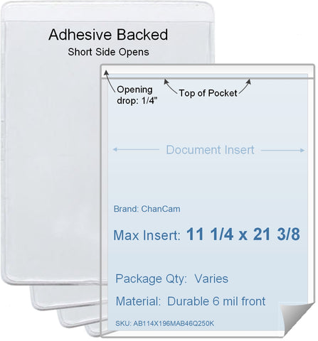 ChanCam vinyl sleeve, open short side, adhesive back, insert size: 11 1/4 x 21 3/8, product size: 11 1/2 x 21 5/8, package quantity 100, 4 mil adhesive back / 6 mil clear vinyl front