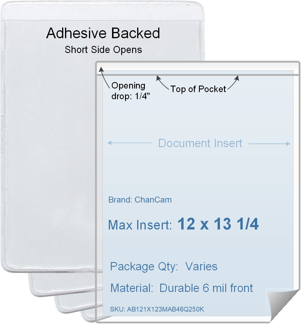 ChanCam vinyl sleeve, open short side, adhesive back, insert size: 12 x 13 1/4, product size: 12 1/4 x 13 1/2, package quantity 100, 4 mil adhesive back / 6 mil clear vinyl front