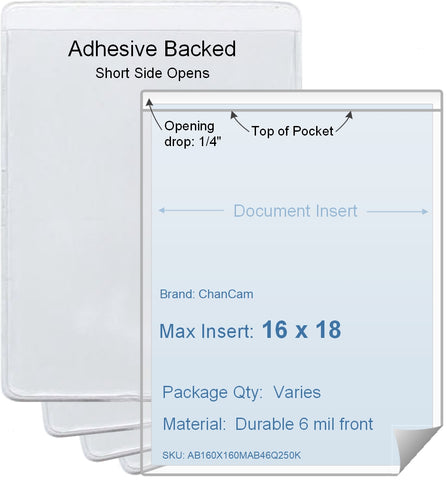 ChanCam vinyl sleeve, open short side, adhesive back, insert size: 16 x 18, product size: 16 1/4 x 18 1/4, package quantity 100, 4 mil adhesive back / 6 mil clear vinyl front