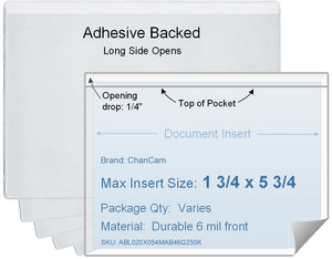 ChanCam vinyl sleeve, open long side, adhesive back, insert size: 5 3/4 x 1 3/4, product size: 6 x 2, package quantity 100, 4 mil adhesive back / 6 mil clear vinyl front