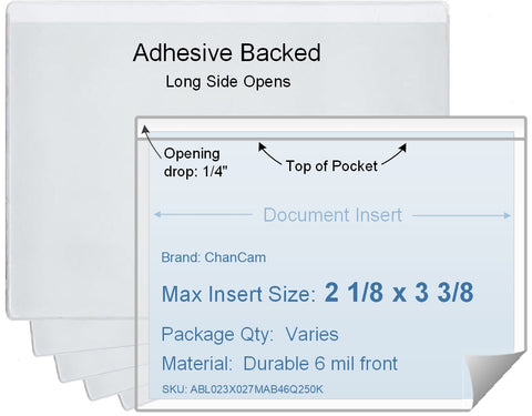 ChanCam vinyl sleeve, open long side, adhesive back, insert size: 3 3/8 x 2 1/8, product size: 3 5/8 x 2 3/8, package quantity 100, 4 mil adhesive back / 6 mil clear vinyl front