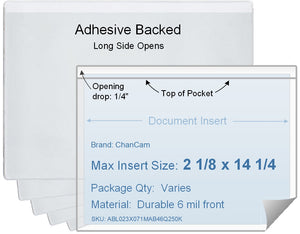 ChanCam vinyl sleeve, open long side, adhesive back, insert size: 14 1/4 x 2 1/8, product size: 14 1/2 x 2 3/8, package quantity 100, 4 mil adhesive back / 6 mil clear vinyl front