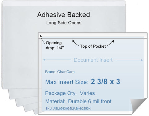 ChanCam vinyl sleeve, open long side, adhesive back, insert size: 3 x 2 3/8, product size: 3 1/4 x 2 5/8, package quantity 100, 4 mil adhesive back / 6 mil clear vinyl front