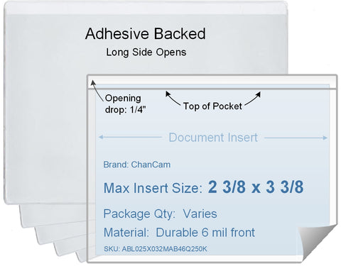 ChanCam vinyl sleeve, open long side, adhesive back, insert size: 3 3/8 x 2 3/8, product size: 3 5/8 x 2 5/8, package quantity 100, 4 mil adhesive back / 6 mil clear vinyl front