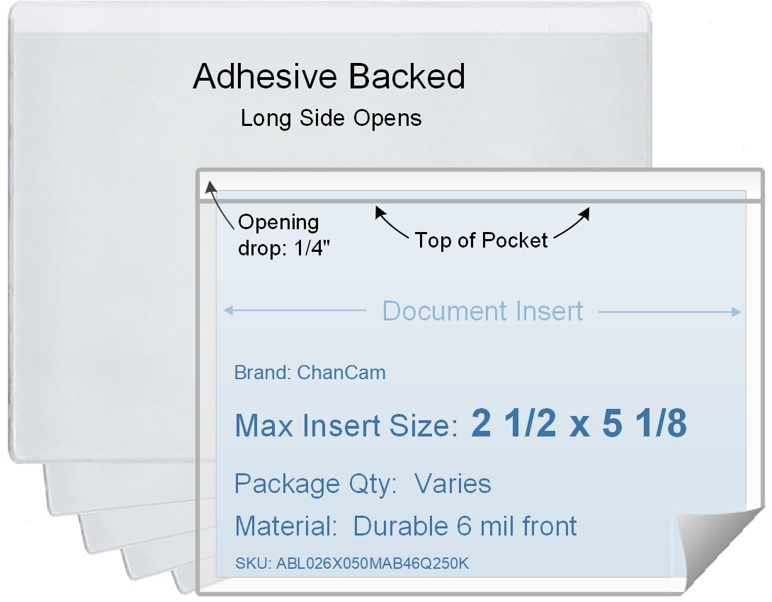 ChanCam vinyl sleeve, open long side, adhesive back, insert size: 5 1/8 x 2 1/2, product size: 5 3/8 x 2 3/4, package quantity 100, 4 mil adhesive back / 6 mil clear vinyl front