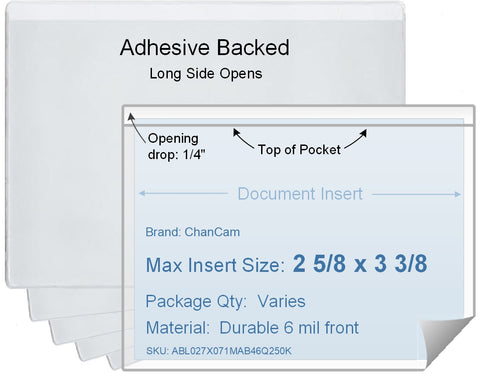 ChanCam vinyl sleeve, open long side, adhesive back, insert size: 3 3/8 x 2 5/8, product size: 3 5/8 x 2 7/8, package quantity 100, 4 mil adhesive back / 6 mil clear vinyl front