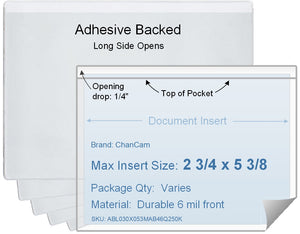 ChanCam vinyl sleeve, open long side, adhesive back, insert size: 5 3/8 x 2 3/4, product size: 5 5/8 x 3, package quantity 100, 4 mil adhesive back / 6 mil clear vinyl front