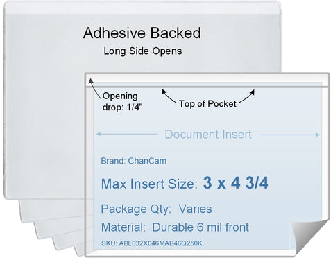 ChanCam vinyl sleeve, open long side, adhesive back, insert size: 4 3/4 x 3, product size: 5 x 3 1/4, package quantity 100, 4 mil adhesive back / 6 mil clear vinyl front