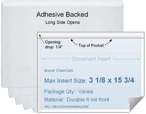 ChanCam vinyl sleeve, open long side, adhesive back, insert size: 15 3/4 x 3 1/8, product size: 16 x 3 3/8, package quantity 100, 4 mil adhesive back / 6 mil clear vinyl front