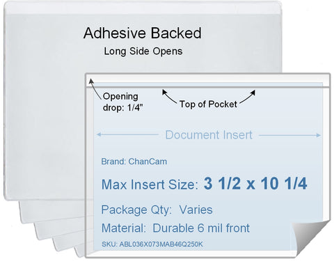 ChanCam vinyl sleeve, open long side, adhesive back, insert size: 10 1/4 x 3 1/2, product size: 10 1/2 x 3 3/4, package quantity 100, 4 mil adhesive back / 6 mil clear vinyl front