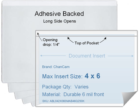 ChanCam vinyl sleeve, open long side, adhesive back, insert size: 6 x 4, product size: 6 1/4 x 4 1/4, package quantity 100, 4 mil adhesive back / 6 mil clear vinyl front