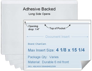 ChanCam vinyl sleeve, open long side, adhesive back, insert size: 15 1/4 x 4 1/8, product size: 15 1/2 x 4 3/8, package quantity 100, 4 mil adhesive back / 6 mil clear vinyl front