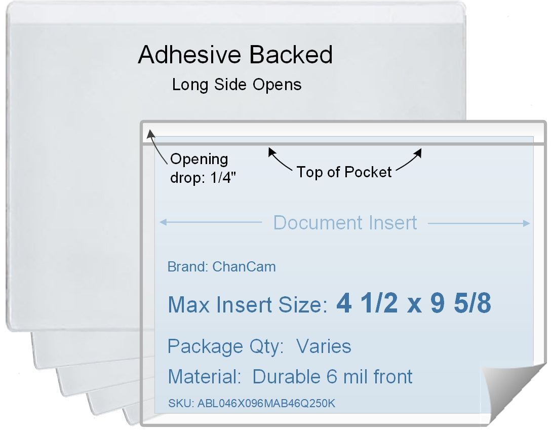 ChanCam vinyl sleeve, open long side, adhesive back, insert size: 9 5/8 x 4 1/2, product size: 9 7/8 x 4 3/4, package quantity 100, 4 mil adhesive back / 6 mil clear vinyl front