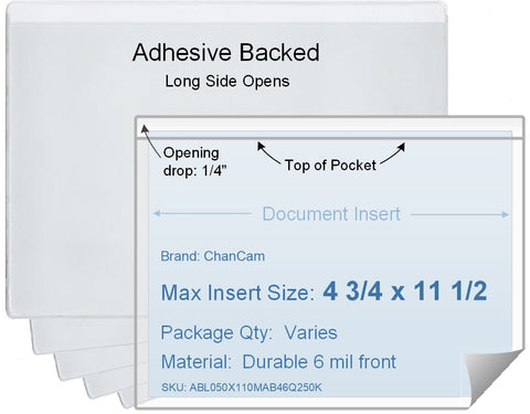 ChanCam vinyl sleeve, open long side, adhesive back, insert size: 11 1/2 x 4 3/4, product size: 11 3/4 x 5, package quantity 100, 4 mil adhesive back / 6 mil clear vinyl front