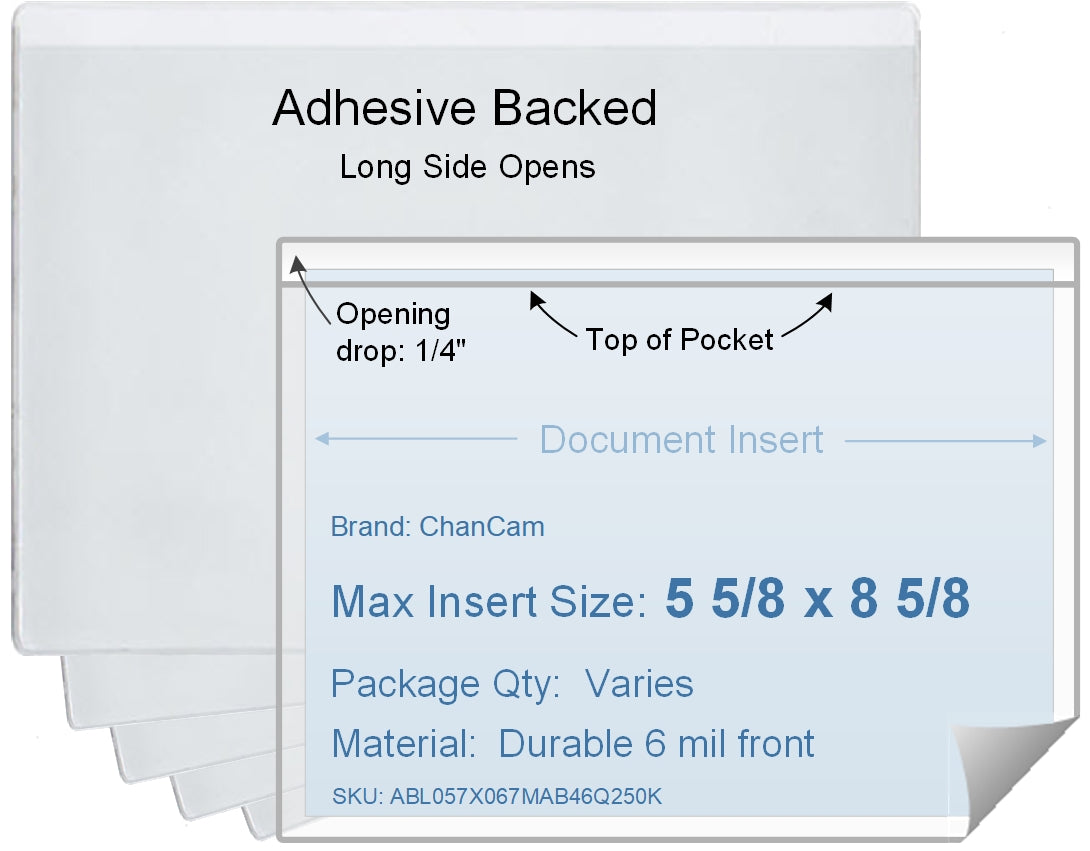 ChanCam vinyl sleeve, open long side, adhesive back, insert size: 8 5/8 x 5 5/8, product size: 8 7/8 x 5 7/8, package quantity 100, 4 mil adhesive back / 6 mil clear vinyl front