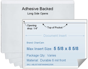 ChanCam vinyl sleeve, open long side, adhesive back, insert size: 8 5/8 x 5 5/8, product size: 8 7/8 x 5 7/8, package quantity 100, 4 mil adhesive back / 6 mil clear vinyl front