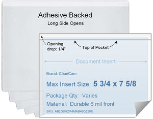 ChanCam vinyl sleeve, open long side, adhesive back, insert size: 7 5/8 x 5 3/4, product size: 7 7/8 x 6, package quantity 100, 4 mil adhesive back / 6 mil clear vinyl front