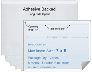 ChanCam vinyl sleeve, open long side, adhesive back, insert size: 9 x 7, product size: 9 1/4 x 7 1/4, package quantity 100, 4 mil adhesive back / 6 mil clear vinyl front