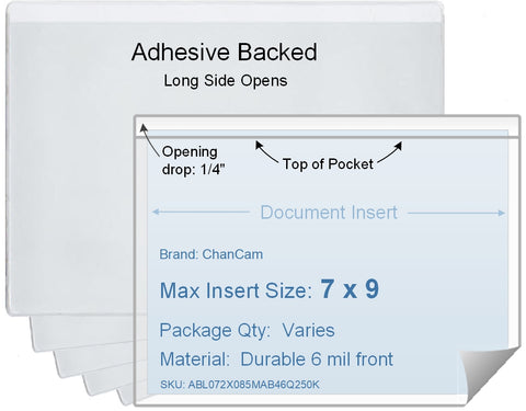 ChanCam vinyl sleeve, open long side, adhesive back, insert size: 9 x 7, product size: 9 1/4 x 7 1/4, package quantity 100, 4 mil adhesive back / 6 mil clear vinyl front