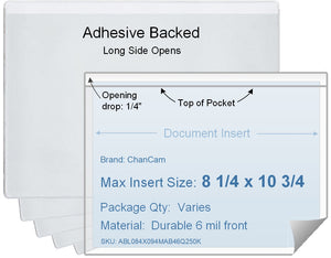 ChanCam vinyl sleeve, open long side, adhesive back, insert size: 10 3/4 x 8 1/4, product size: 11 x 8 1/2, package quantity 100, 4 mil adhesive back / 6 mil clear vinyl front