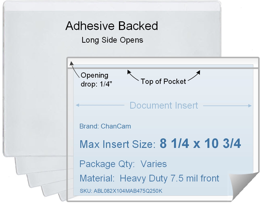 ChanCam vinyl sleeve, open long side, adhesive back, insert size: 10 3/4 x 8 1/4, product size: 11 x 8 1/2, package quantity 100, 4 mil adhesive back / heavy duty 7.5 mil clear vinyl front