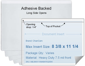 ChanCam vinyl sleeve, open long side, adhesive back, insert size: 11 1/4 x 8 3/8, product size: 11 1/2 x 8 5/8, package quantity 100, 4 mil adhesive back / heavy duty 7.5 mil clear vinyl front