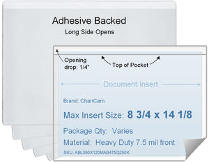ChanCam vinyl sleeve, open long side, adhesive back, insert size: 14 1/8 x 8 3/4, product size: 14 3/8 x 9, package quantity 100, 4 mil adhesive back / heavy duty 7.5 mil clear vinyl front
