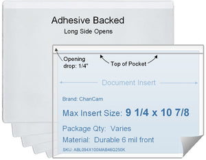 ChanCam vinyl sleeve, open long side, adhesive back, insert size: 10 7/8 x 9 1/4, product size: 11 1/8 x 9 1/2, package quantity 100, 4 mil adhesive back / 6 mil clear vinyl front