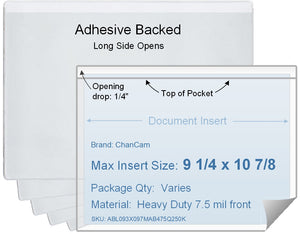 ChanCam vinyl sleeve, open long side, adhesive back, insert size: 10 7/8 x 9 1/4, product size: 11 1/8 x 9 1/2, package quantity 100, 4 mil adhesive back / heavy duty 7.5 mil clear vinyl front