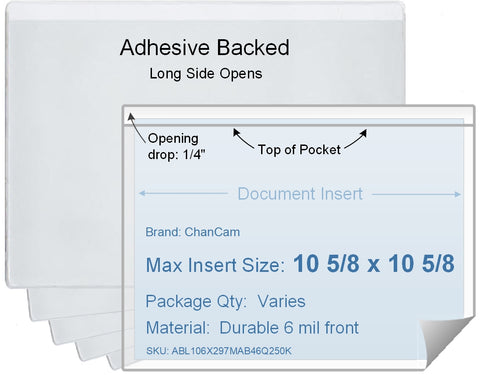 ChanCam vinyl sleeve, open long side, adhesive back, insert size: 10 5/8 x 10 5/8, product size: 10 7/8 x 10 7/8, package quantity 100, 4 mil adhesive back / 6 mil clear vinyl front