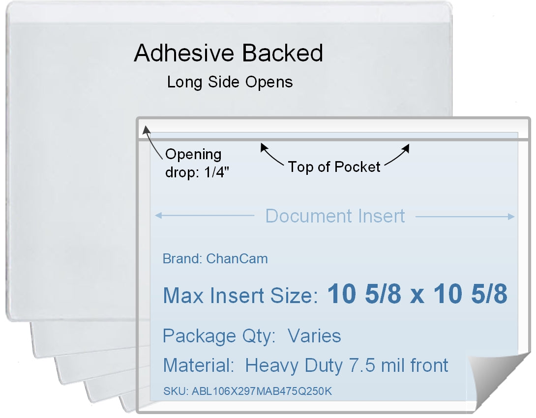 ChanCam vinyl sleeve, open long side, adhesive back, insert size: 10 5/8 x 10 5/8, product size: 10 7/8 x 10 7/8, package quantity 100, 4 mil adhesive back / heavy duty 7.5 mil clear vinyl front