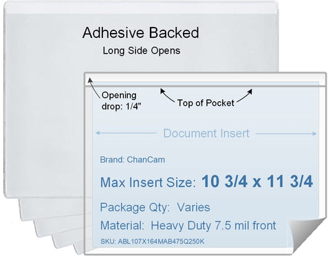 ChanCam vinyl sleeve, open long side, adhesive back, insert size: 11 3/4 x 10 3/4, product size: 12 x 11, package quantity 100, 4 mil adhesive back / heavy duty 7.5 mil clear vinyl front