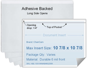 ChanCam vinyl sleeve, open long side, adhesive back, insert size: 10 7/8 x 10 7/8, product size: 11 1/8 x 11 1/8, package quantity 100, 4 mil adhesive back / 6 mil clear vinyl front