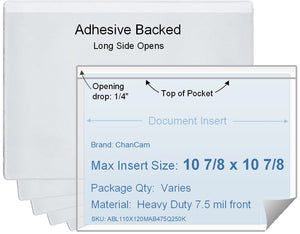 ChanCam vinyl sleeve, open long side, adhesive back, insert size: 10 7/8 x 10 7/8, product size: 11 1/8 x 11 1/8, package quantity 100, 4 mil adhesive back / heavy duty 7.5 mil clear vinyl front