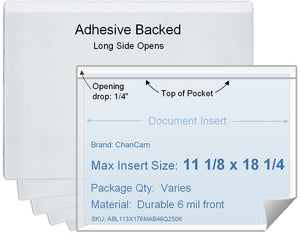 ChanCam vinyl sleeve, open long side, adhesive back, insert size: 18 1/4 x 11 1/8, product size: 18 1/2 x 11 3/8, package quantity 100, 4 mil adhesive back / 6 mil clear vinyl front