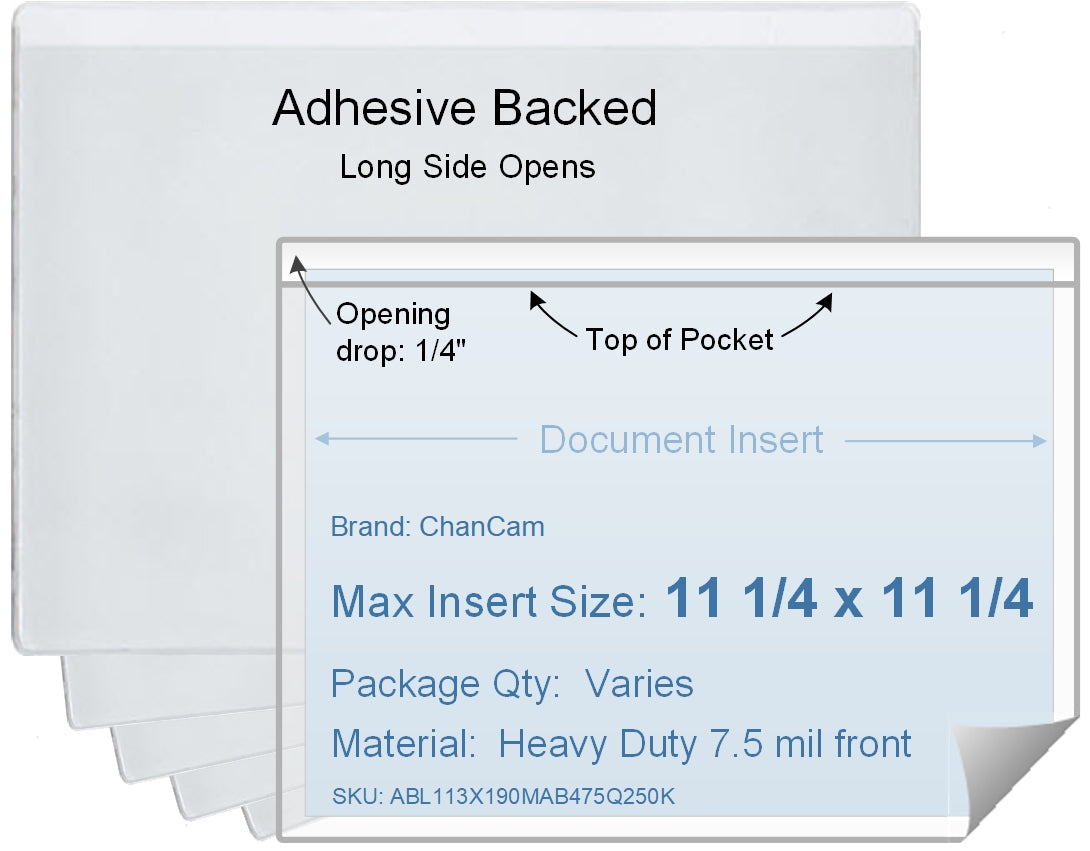 ChanCam vinyl sleeve, open long side, adhesive back, insert size: 11 1/4 x 11 1/4, product size: 11 1/2 x 11 1/2, package quantity 100, 4 mil adhesive back / heavy duty 7.5 mil clear vinyl front