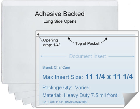ChanCam vinyl sleeve, open long side, adhesive back, insert size: 11 1/4 x 11 1/4, product size: 11 1/2 x 11 1/2, package quantity 100, 4 mil adhesive back / heavy duty 7.5 mil clear vinyl front
