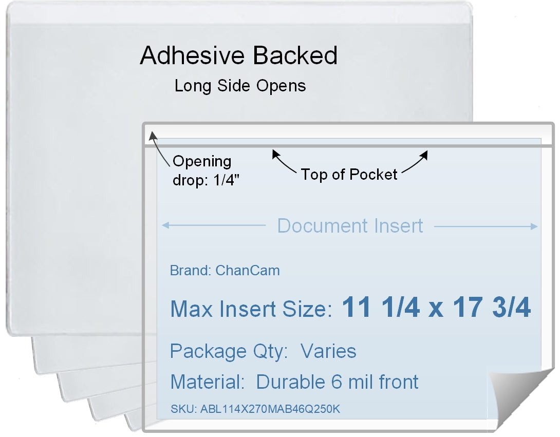 ChanCam vinyl sleeve, open long side, adhesive back, insert size: 17 3/4 x 11 1/4, product size: 18 x 11 1/2, package quantity 100, 4 mil adhesive back / 6 mil clear vinyl front