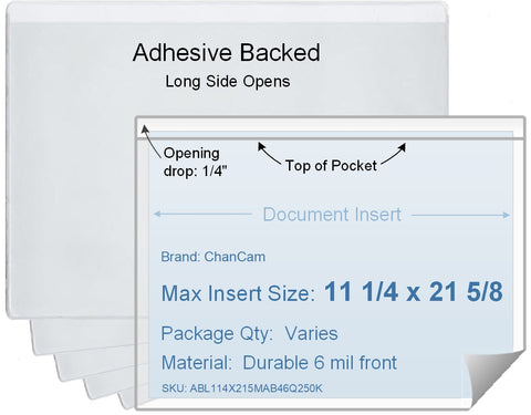 ChanCam vinyl sleeve, open long side, adhesive back, insert size: 21 5/8 x 11 1/4, product size: 21 7/8 x 11 1/2, package quantity 100, 4 mil adhesive back / 6 mil clear vinyl front