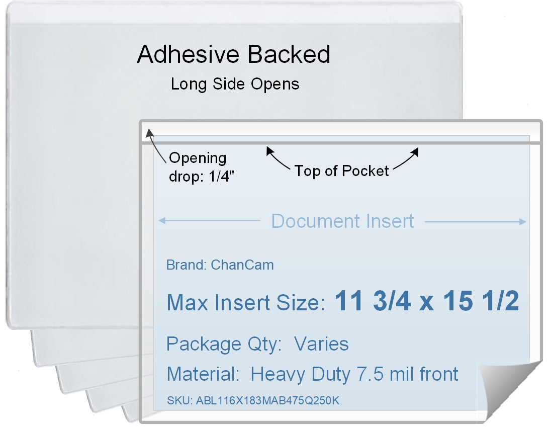 ChanCam vinyl sleeve, open long side, adhesive back, insert size: 15 1/2 x 11 3/4, product size: 15 3/4 x 12, package quantity 100, 4 mil adhesive back / heavy duty 7.5 mil clear vinyl front