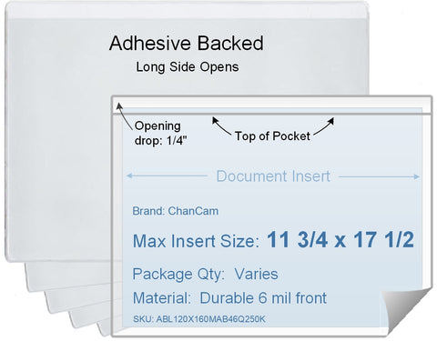 ChanCam vinyl sleeve, open long side, adhesive back, insert size: 17 1/2 x 11 3/4, product size: 17 3/4 x 12, package quantity 100, 4 mil adhesive back / 6 mil clear vinyl front