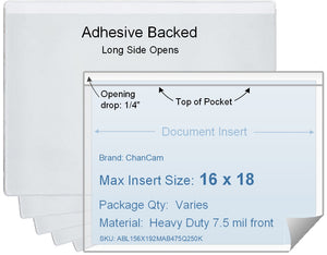 ChanCam vinyl sleeve, open long side, adhesive back, insert size: 18 x 16, product size: 18 1/4 x 16 1/4, package quantity 100, 4 mil adhesive back / heavy duty 7.5 mil clear vinyl front