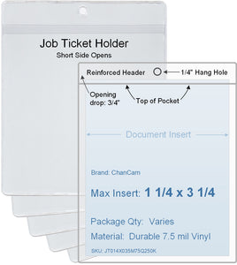 ChanCam vinyl sleeve, open short side, hanging document holder, insert size: 1 1/4 x 3 1/4, product size: 1 1/2 x 4, package quantity 100, 7.5 mil clear vinyl